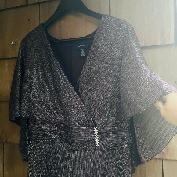 R&M Richards 18 Long Metallic Pleated Capelet Dress W/Mock Surplus Ruched Waist - Picture 9 of 15